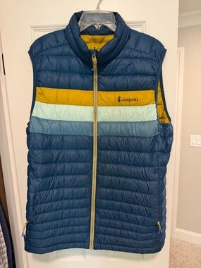 Cotopaxi Quilted Down Vest in Teal with Yellow & Light Blue Stripes XL